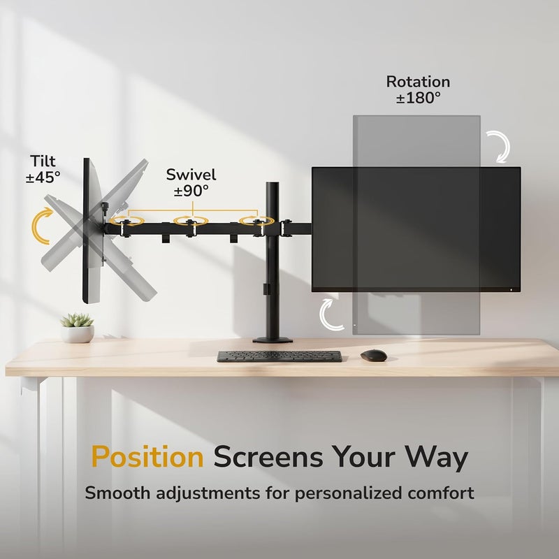 Mount-It! Dual Monitor Stand, Full Motion Desk Mount for 2 Screens up to 32” and 19.8 lbs Each, Tilt Swivel Rotate, VESA 75x75 & 100x100, Adjustable Dual Screen Arm with C-Clamp or Grommet - Image 4